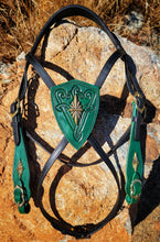 Load image into Gallery viewer, Green and gold warrior cross-over bit bridle and rein set