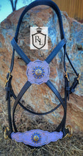 Load image into Gallery viewer, Purple lilac & gold bitless cross-over bridle