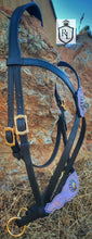 Load image into Gallery viewer, Purple lilac & gold bitless cross-over bridle
