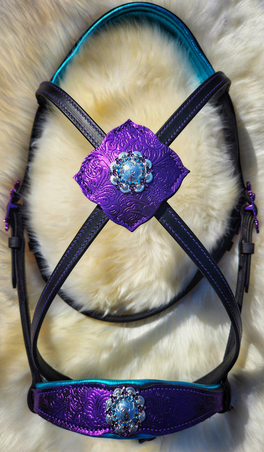Purple & Turquoise padded Crossover bitless bridle