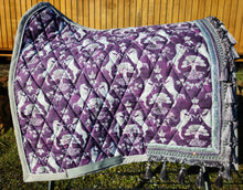 Load image into Gallery viewer, Celtic Unicorn medieval saddle pad in silver/purple
