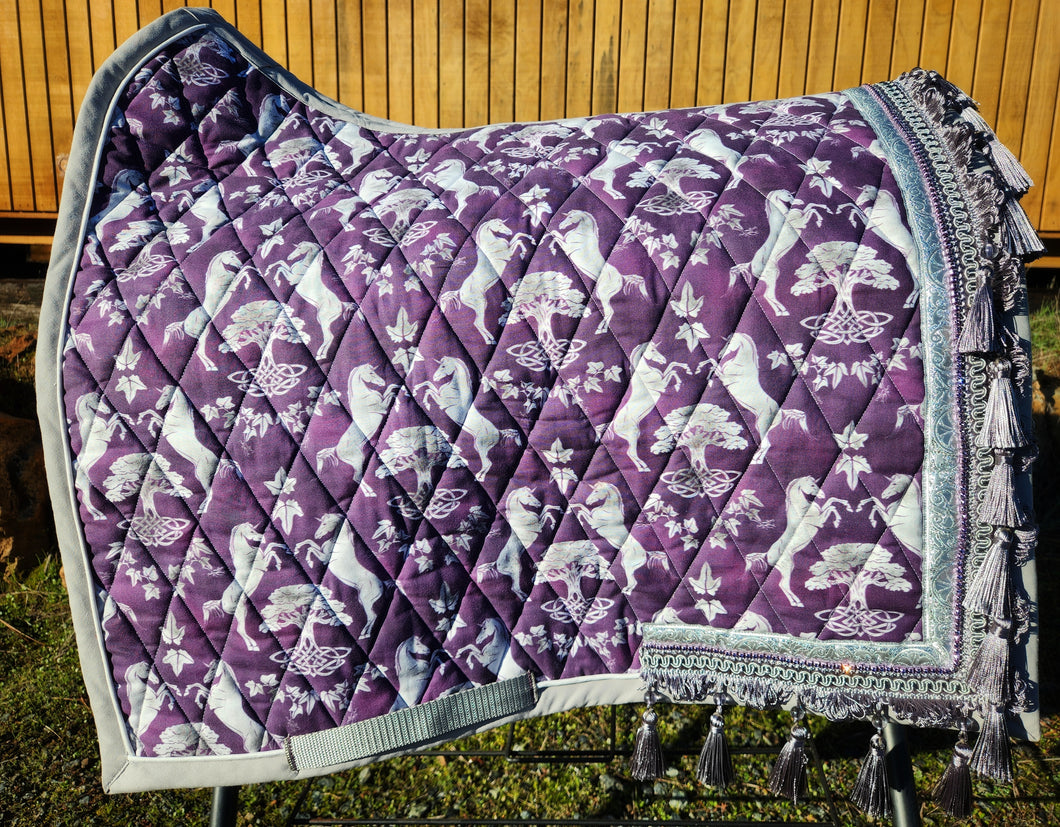 Celtic Unicorn medieval saddle pad in silver/purple