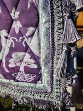 Load image into Gallery viewer, Celtic Unicorn medieval saddle pad in silver/purple
