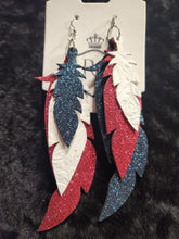 Load image into Gallery viewer, Large red white blue feather earrings
