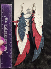 Load image into Gallery viewer, Large red white blue feather earrings
