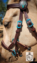 Load image into Gallery viewer, Turquoise sparkle padded bitless sidepull bridle and rein set
