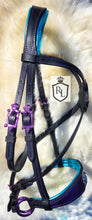 Load image into Gallery viewer, Purple &amp; Turquoise padded Crossover bitless bridle
