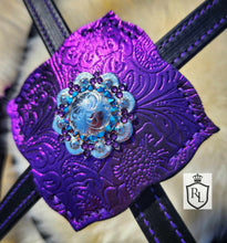 Load image into Gallery viewer, Purple &amp; Turquoise padded Crossover bitless bridle
