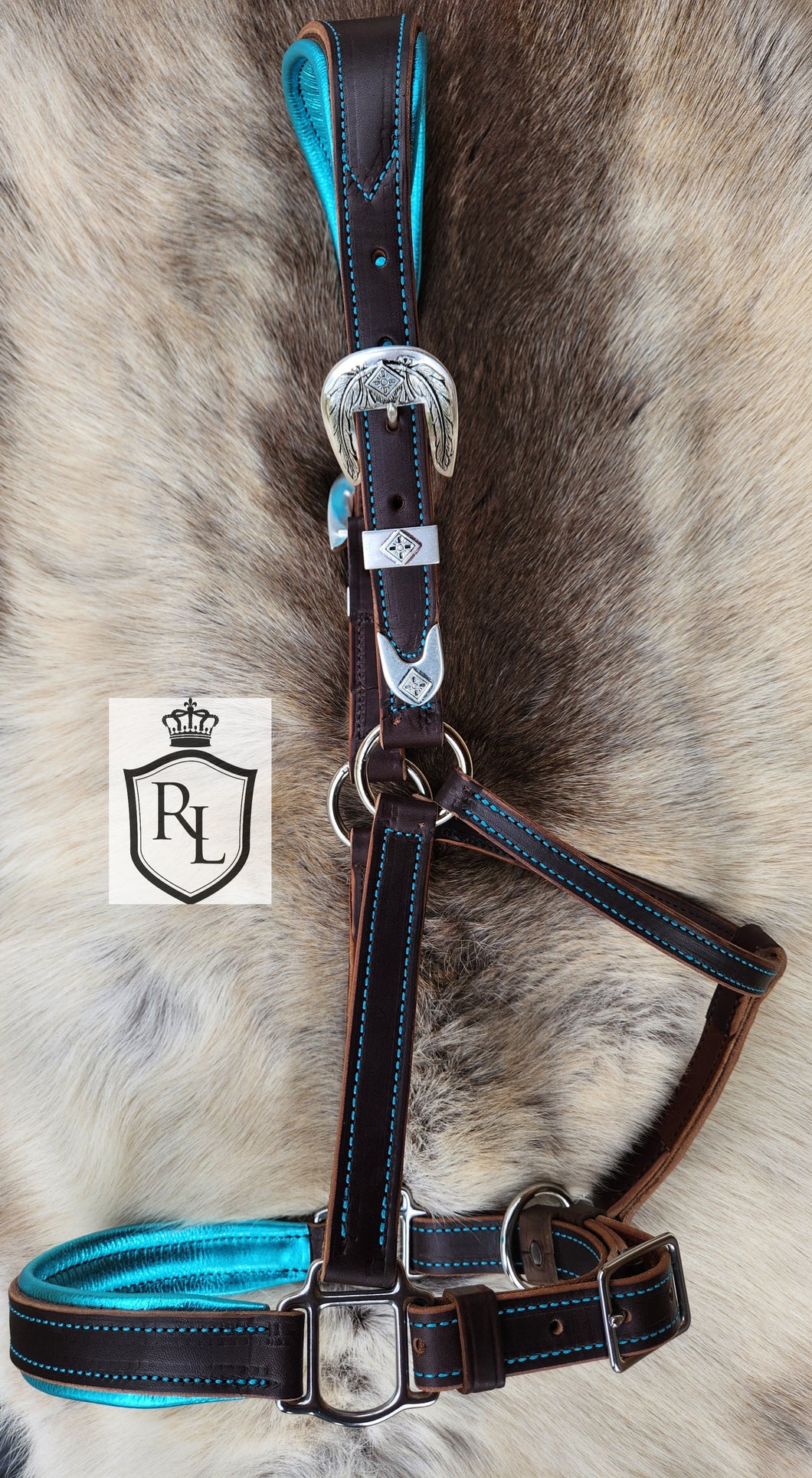 Turquoise padded halter with feather buckles