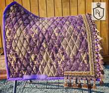 Load image into Gallery viewer, Purple &amp; Gold medieval saddle pad with tassels
