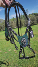 Load and play video in Gallery viewer, Dragon cross-over bit bridle in colorshifting turquoise
