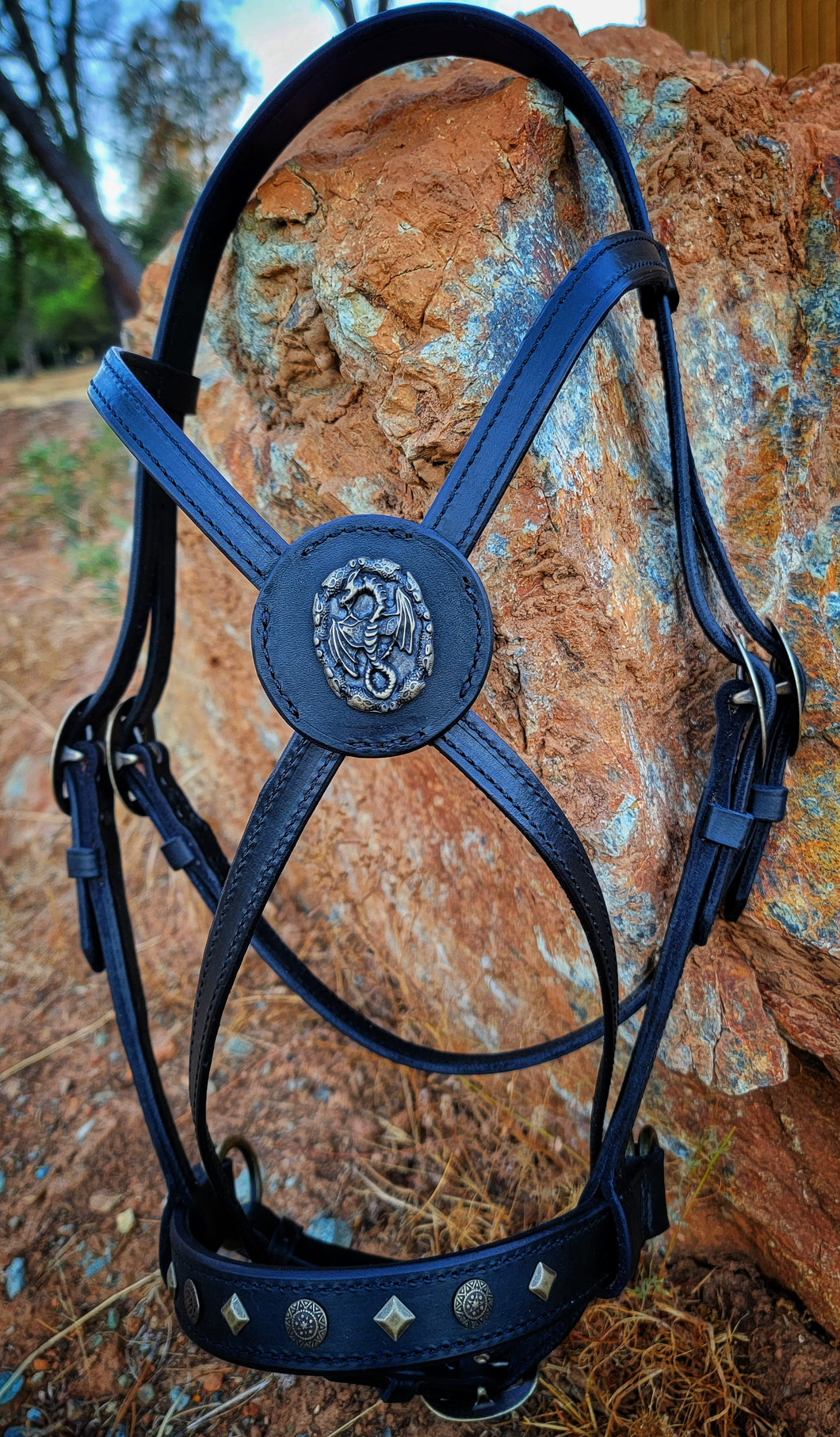 Bitless cross-over bridle with antique brass dragon