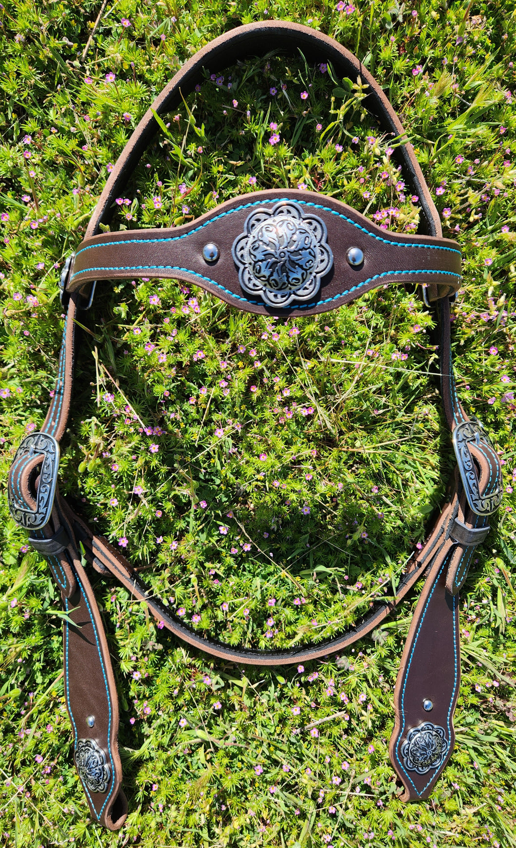 Western Chocolate and turquoise bit bridle