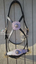 Load and play video in Gallery viewer, Purple lilac &amp; gold bitless cross-over bridle
