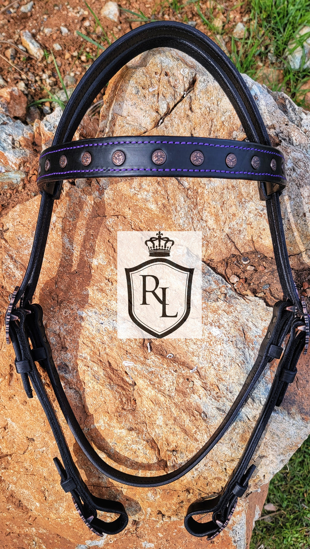 Purple and copper draft horse bridle