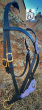 Load image into Gallery viewer, Purple lilac &amp; gold bitless cross-over bridle

