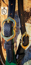 Load image into Gallery viewer, Green and gold warrior cross-over bit bridle and rein set
